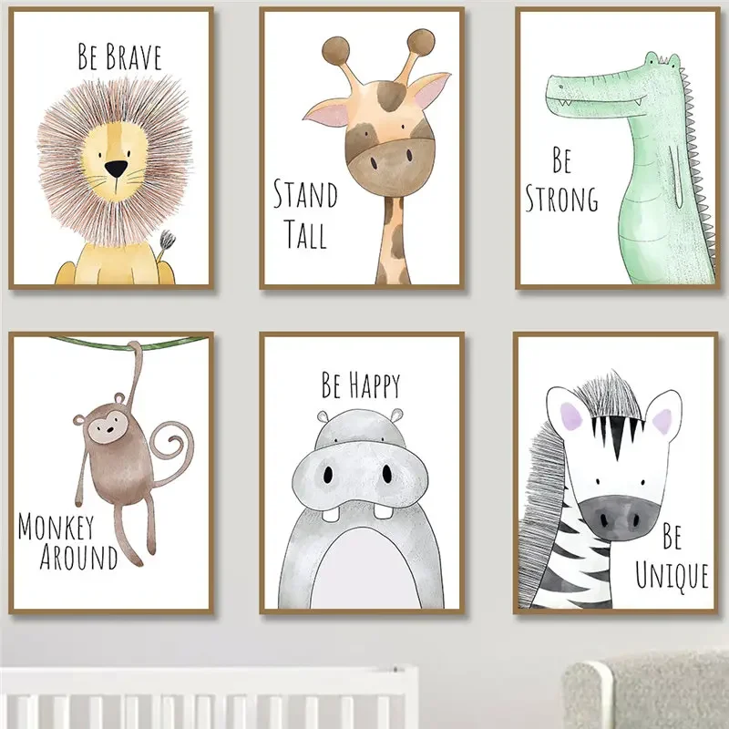 Baby Nursery Quotes Wall Art - Wandkunst für Kinderzimmer, niedliche Cartoon-Tierposter mit