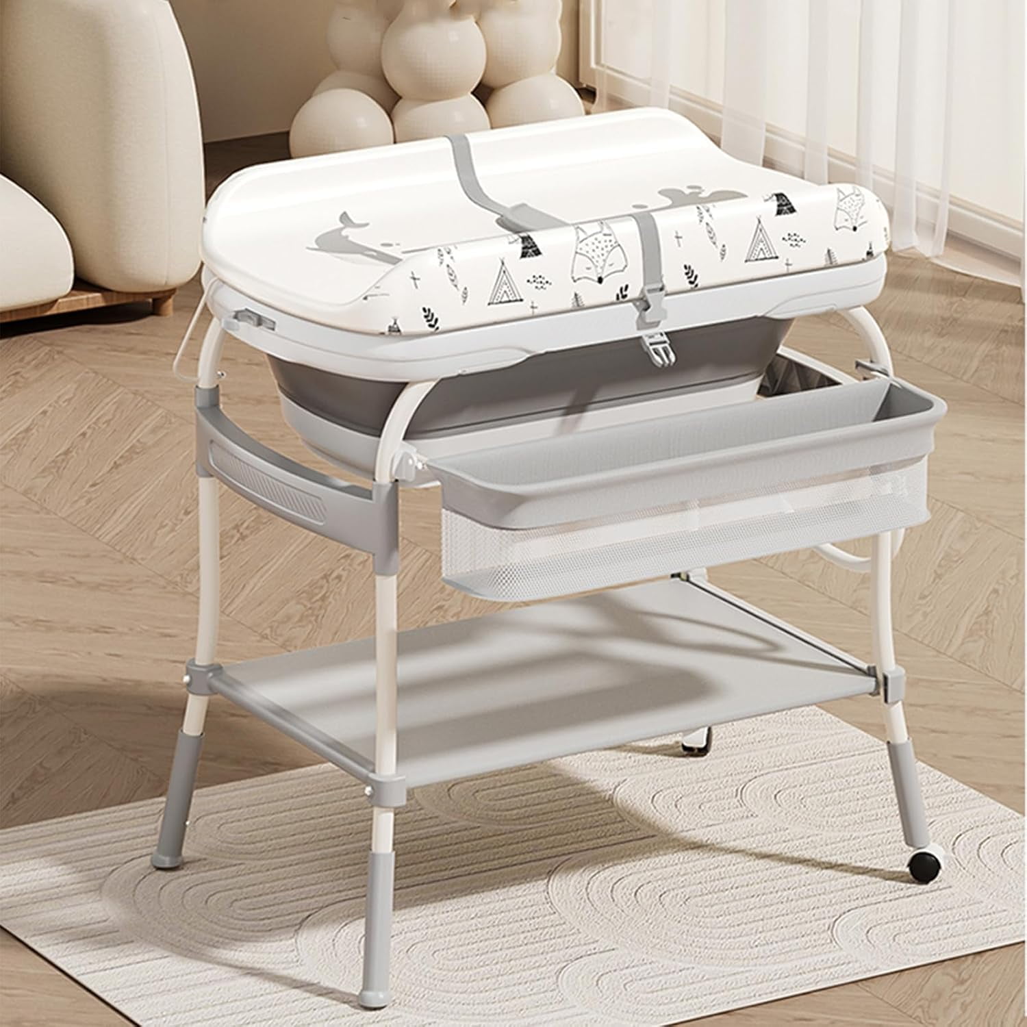 Baby Nursery Dresser Changing Table - 2-in-1-Wickeltisch mit Badewanne, zusammenklappbare Windelkommode mit