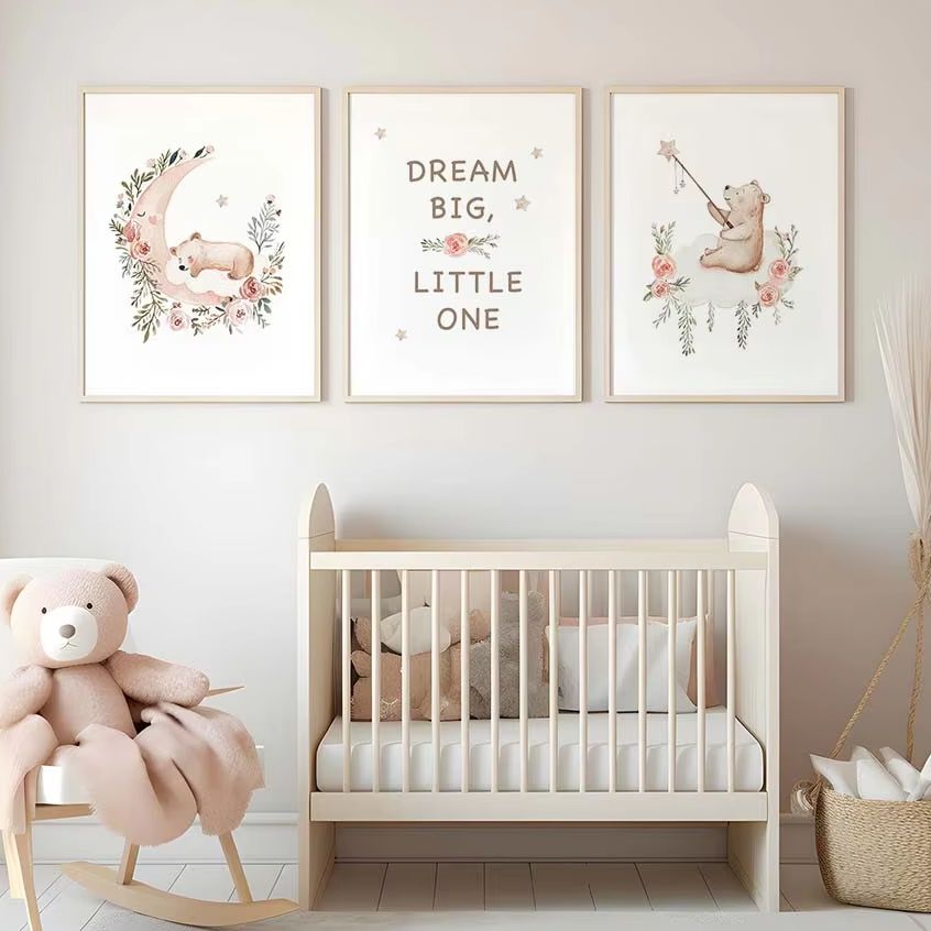 Baby Nursery Quotes Wall Art - Kinderzimmer-Blumen-Wandkunst, Niedlicher Teddybär mit Mond-Zitaten Leinwandgemälde,