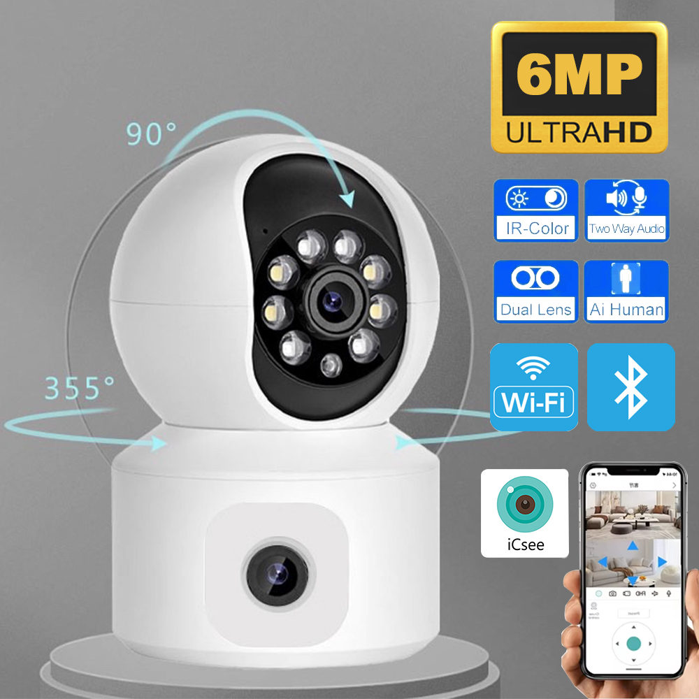 Baby Monitor Split Screen - 6MP iCsee WLAN-IP-Kamera mit zwei Objektiven,