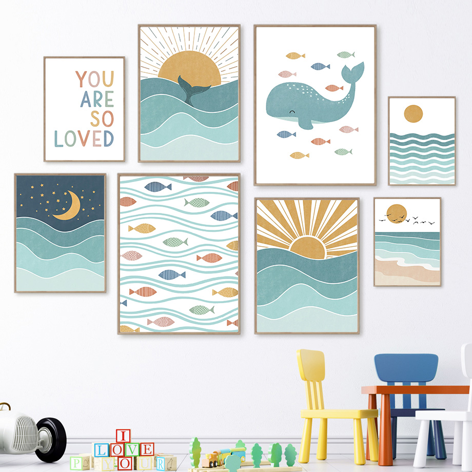 Baby Nursery Quotes Wall Art - (2D-Leinwandgemälde) Fisch, Wal, Möwe, Sonnenaufgang, Sonnenuntergang,