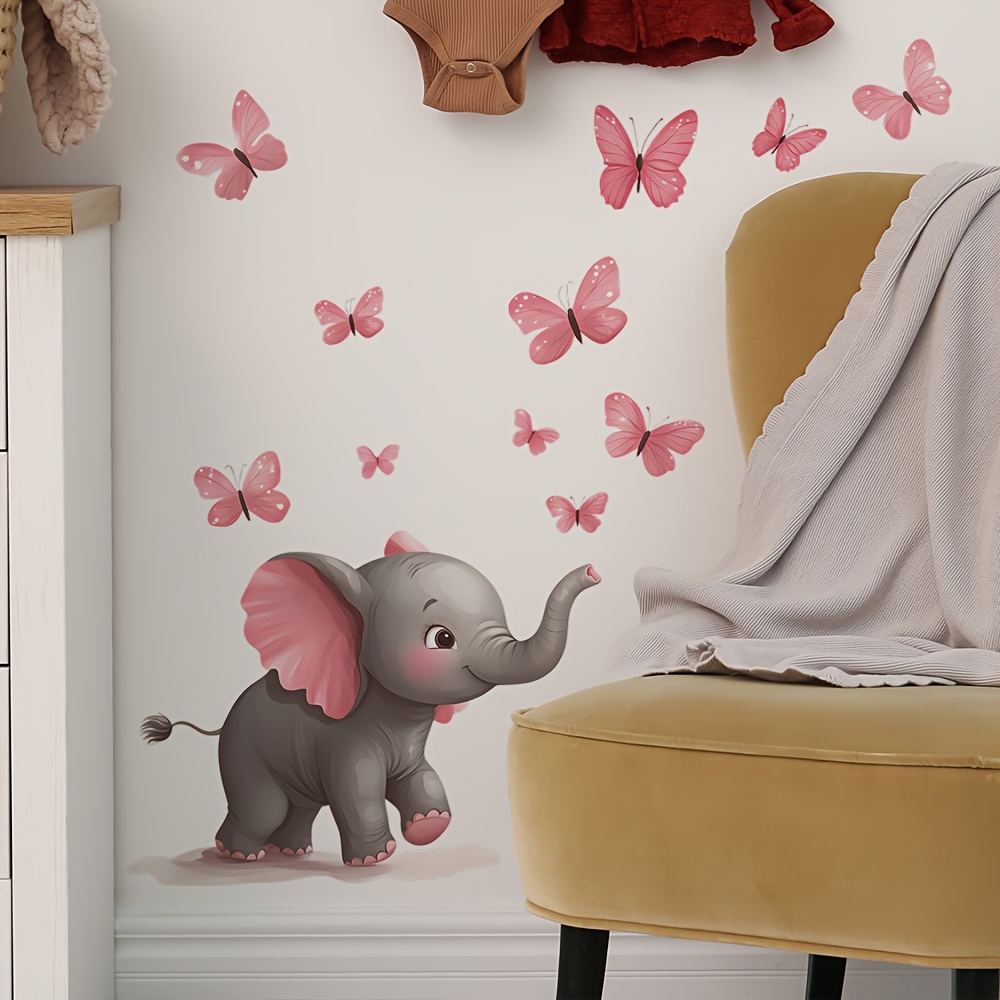 Baby Nursery Elephant Theme - 1 Stück Baby-Elefant-Schmetterlings-Themen-Wandaufkleber, selbstklebend, geeignet für
