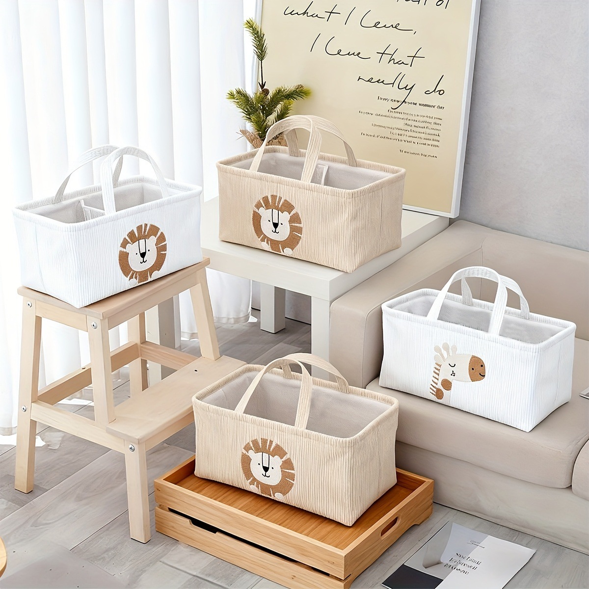 Baby Nursery Organization Ideas - Niedlicher Löwen-Windel-Organizer, faltbarer Stoff-Aufbewahrungskorb mit Griffen,