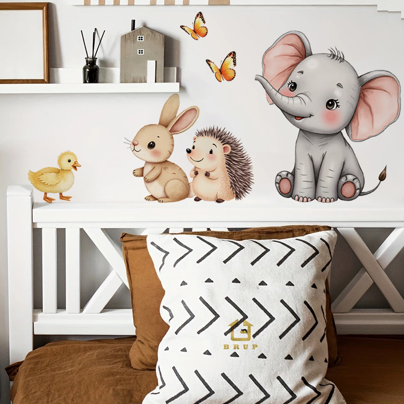 Baby Nursery Labels - Cartoon-Tier-Wandaufkleber – Elefant, Hase, Igel, Kinderzimmer-Aufkleber,