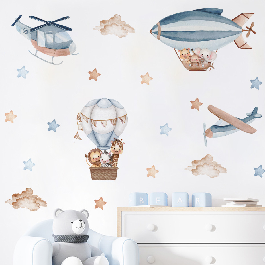 Baby Nursery Labels - Aquarell Tiere Heißluftballon Wolken Wandaufkleber für