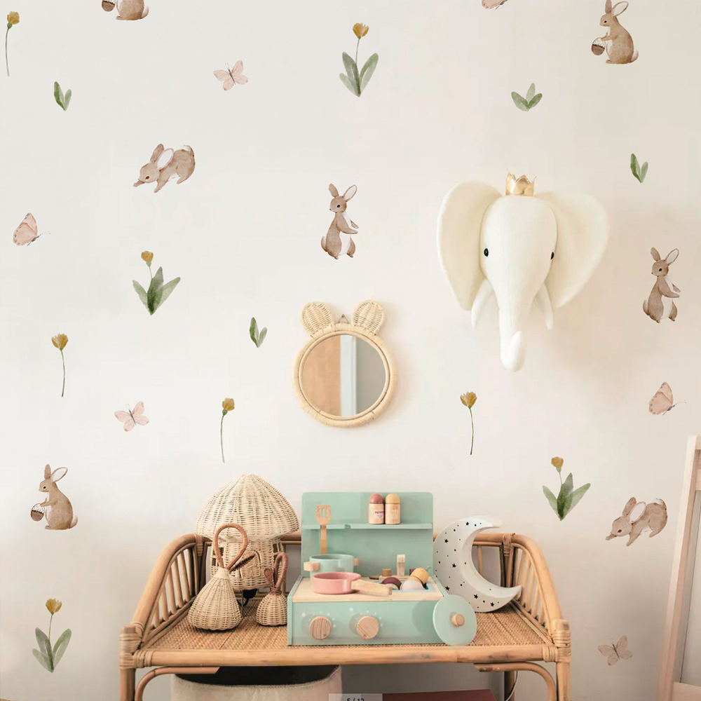 Baby Nursery Labels - Sommerlicher Aquarell-Wandaufkleber mit niedlichen Hasen und