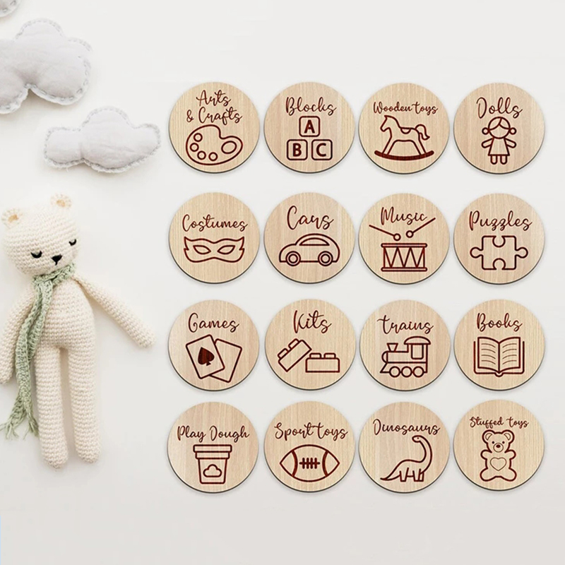 Baby Nursery Things - Holz-Aufbewahrungsschilder Kinderzimmer-Deko Aufbewahrungsetiketten mit Illustrationen Spielzimmer-Spielzeugschilder