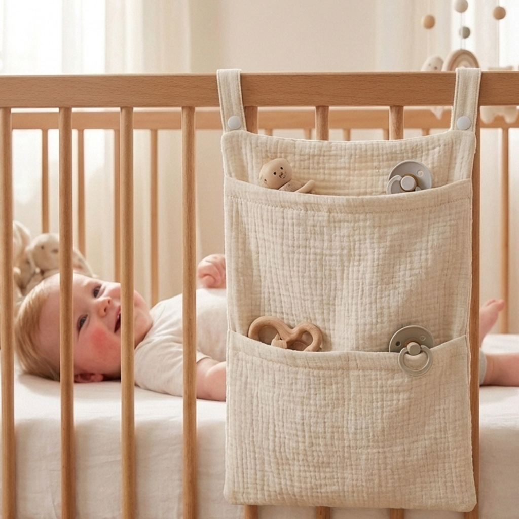 Baby Nursery Organization Ideas - Babybett-Organizer Hängende Aufbewahrungstasche aus Musselin-Baumwolle Windel-Caddy