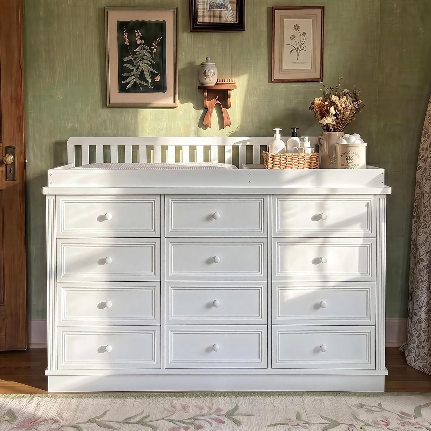 Baby Nursery Dresser Changing Table - Baby-Wickelkommode, 100% Massivholz Säuglings-Wickelstation-Kombination, 12-Schubladen Baby-Kommode,