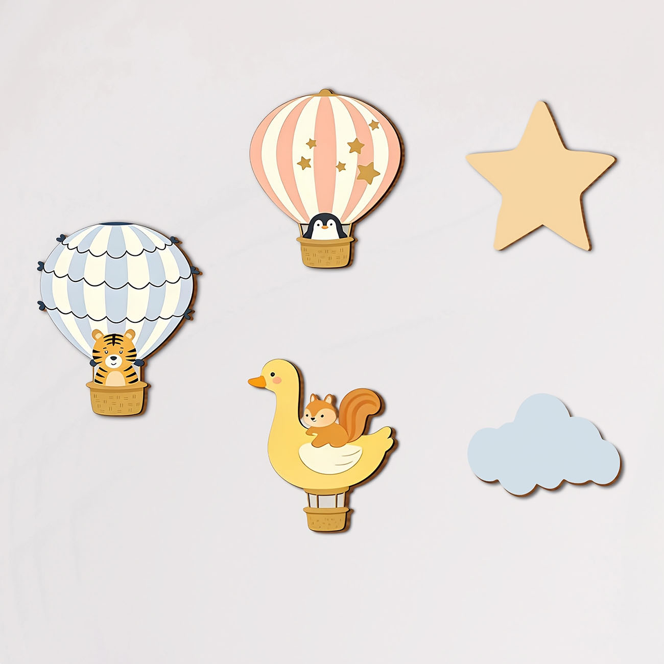 Baby Nursery Labels - 5 Stück Tierische Heißluftballon Holz-Wandaufkleber Kinderzimmer-Dekoration